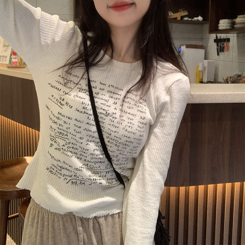 Sweet Style Shoulder Long Sleeve Letter Print T-shirt Slim Fit White Base Top