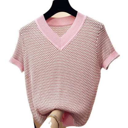 Summer Ice Silk Short-sleeved T-shirt Women's Sweater Fine Plaid V-neck Bottoming Shirt Top