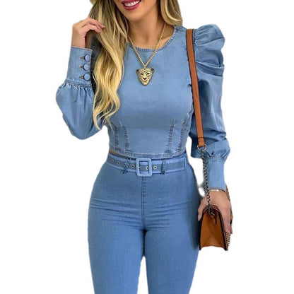 Women's Denim Long Sleeve Solid Color Short Puff Sleeves Shirt