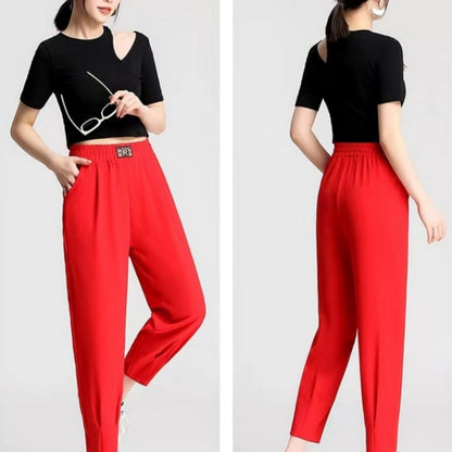 Silk And Cotton Radish Polyester Pants Mom Pants Elastic Waist With Pocket