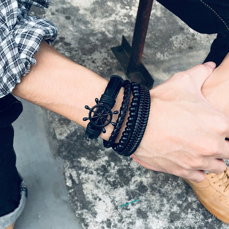 4Pcs/ Set Braided Wrap Leather Bracelets for Men Vintage Tribal Wristbands