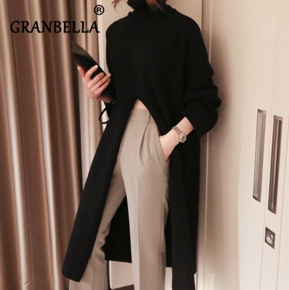 Korean Style Turtleneck Long fall female winter Sweater Dress Side split