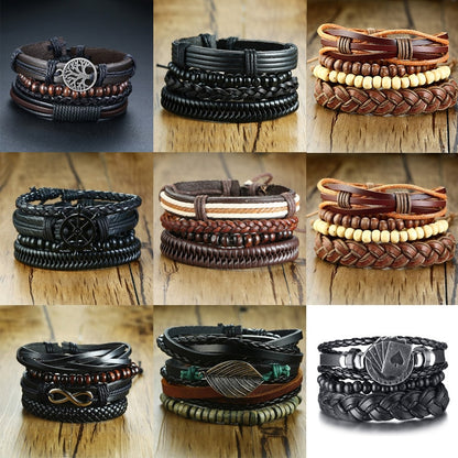 4Pcs/ Set Braided Wrap Leather Bracelets for Men Vintage Tribal Wristbands