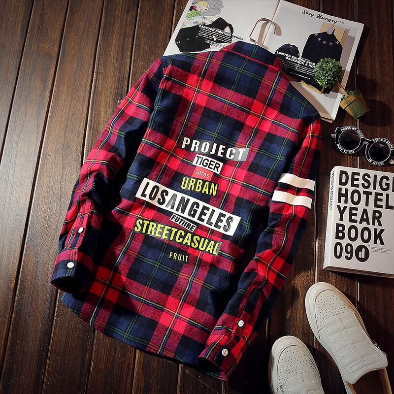 Autumn New Fashion Men's Personality Letter Plaid Slim Shirt Men's Casual Social Shirt