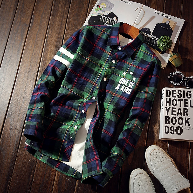 Autumn New Fashion Men's Personality Letter Plaid Slim Shirt Men's Casual Social Shirt