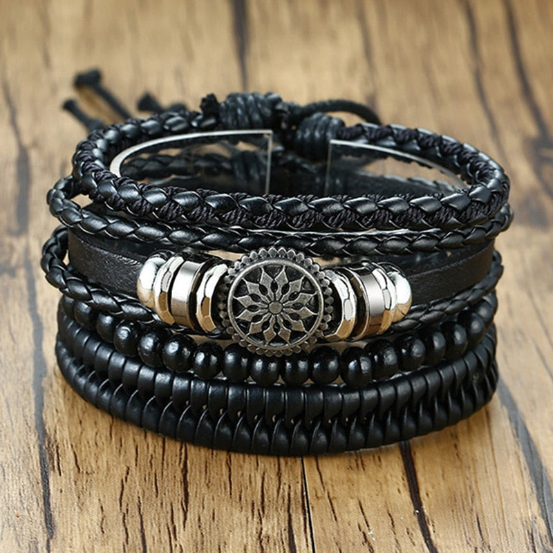 4Pcs/ Set Braided Wrap Leather Bracelets for Men Vintage Tribal Wristbands