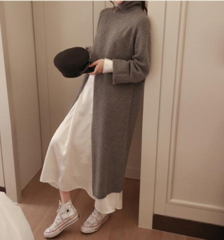 Korean Style Turtleneck Long fall female winter Sweater Dress Side split