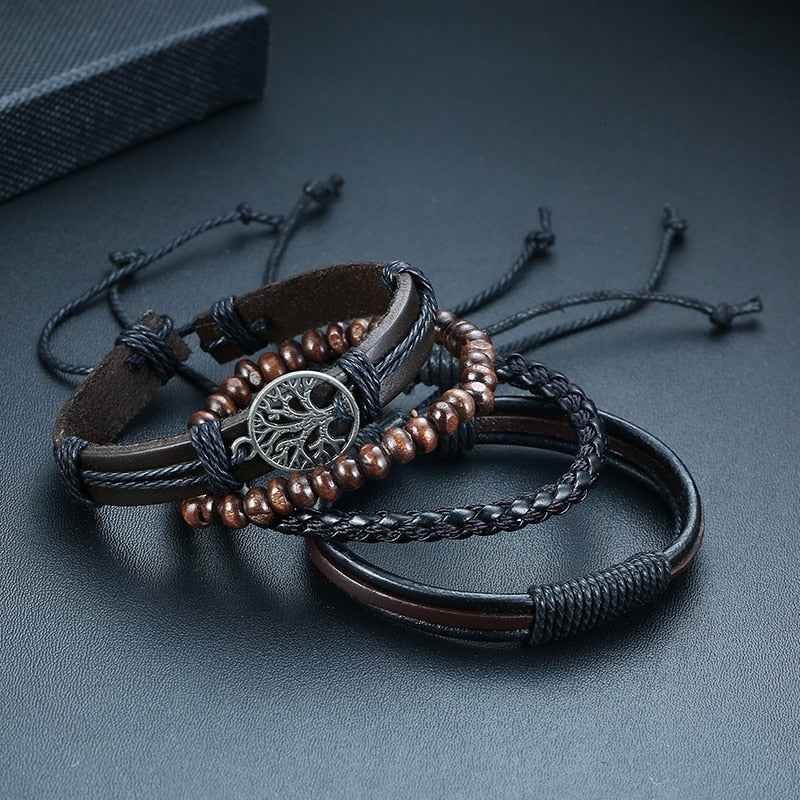 4Pcs/ Set Braided Wrap Leather Bracelets for Men Vintage Tribal Wristbands