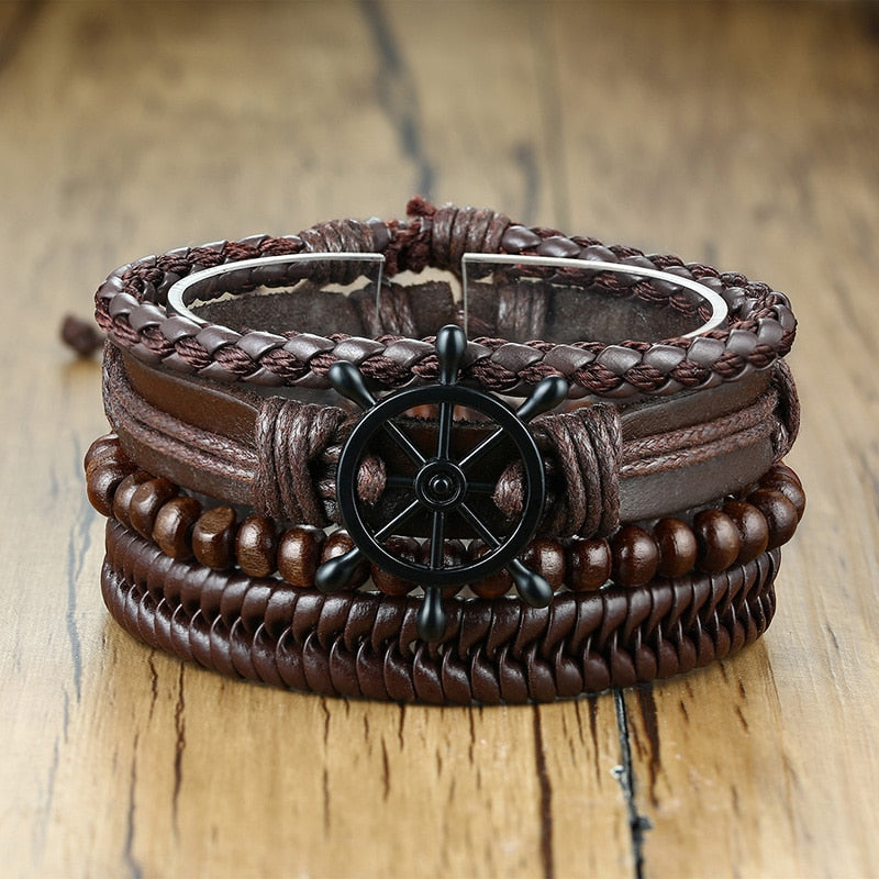 4Pcs/ Set Braided Wrap Leather Bracelets for Men Vintage Tribal Wristbands