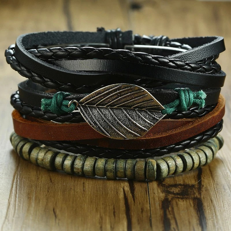 4Pcs/ Set Braided Wrap Leather Bracelets for Men Vintage Tribal Wristbands