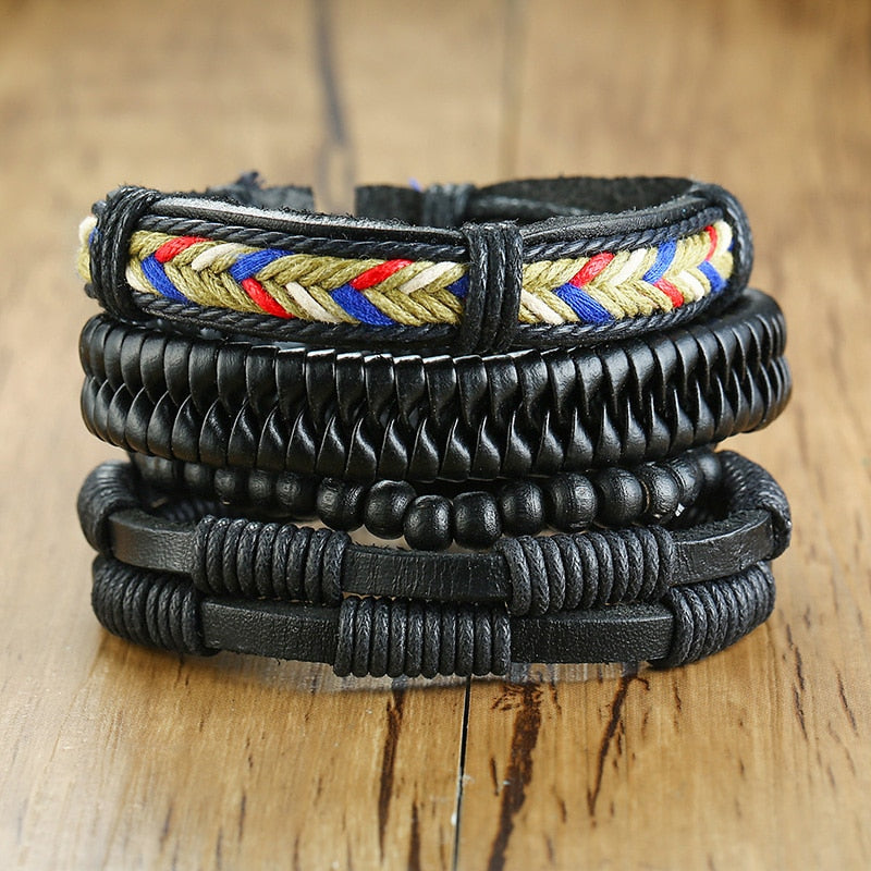 4Pcs/ Set Braided Wrap Leather Bracelets for Men Vintage Tribal Wristbands