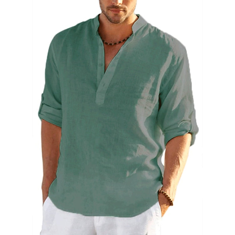 Linen Long Sleeve Solid Color Loose Casual Shirt Men Clothing