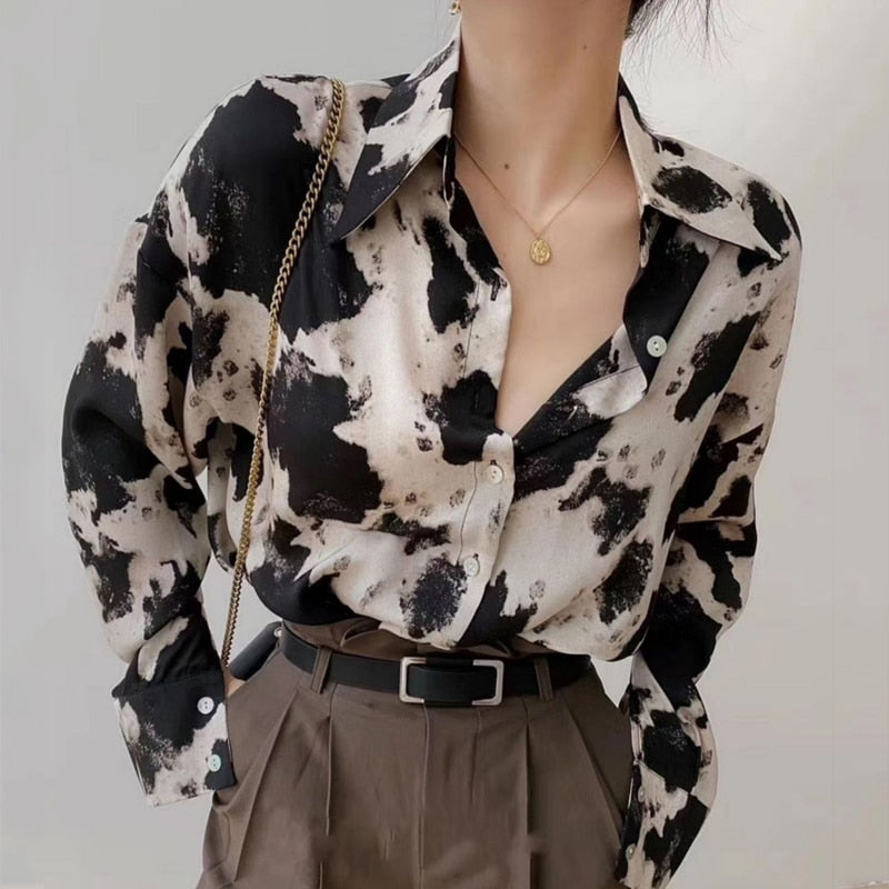 Cow Print Button Up Shirts Women Long Sleeve Blouse Korean Fashion