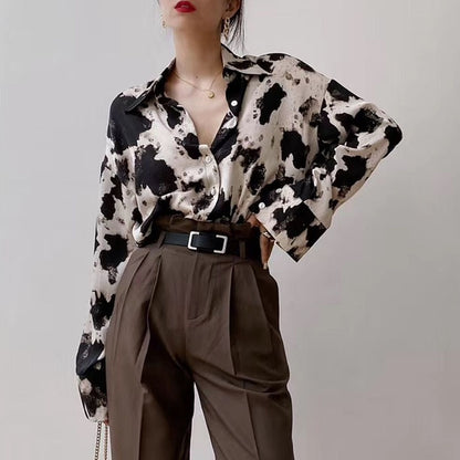 Cow Print Button Up Shirts Women Long Sleeve Blouse Korean Fashion