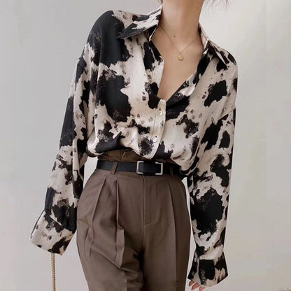 Cow Print Button Up Shirts Women Long Sleeve Blouse Korean Fashion