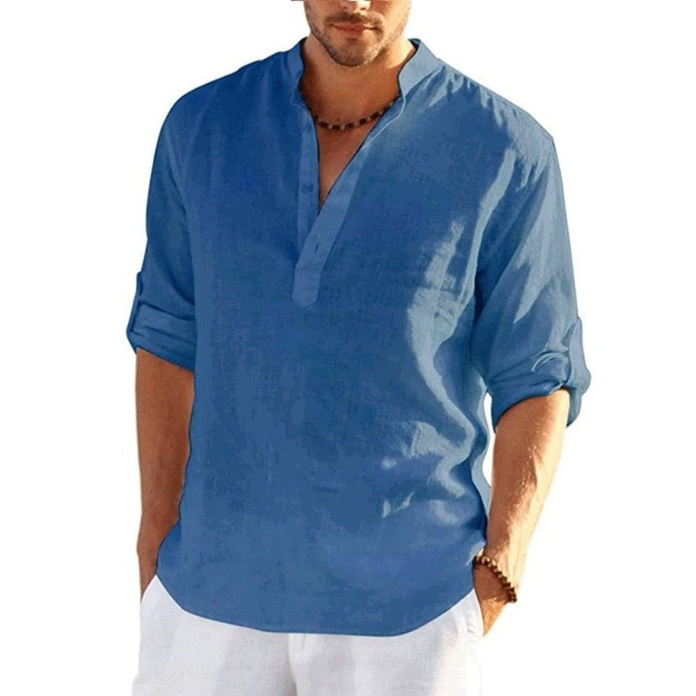 Linen Long Sleeve Solid Color Loose Casual Shirt Men Clothing