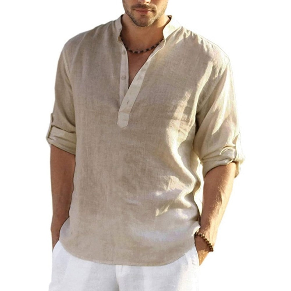 Linen Long Sleeve Solid Color Loose Casual Shirt Men Clothing