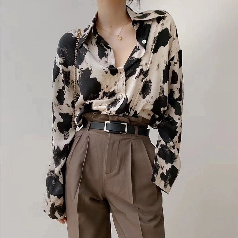 Cow Print Button Up Shirts Women Long Sleeve Blouse Korean Fashion