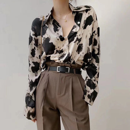 Cow Print Button Up Shirts Women Long Sleeve Blouse Korean Fashion