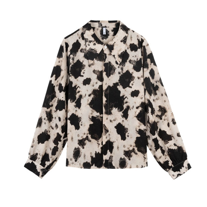 Cow Print Button Up Shirts Women Long Sleeve Blouse Korean Fashion