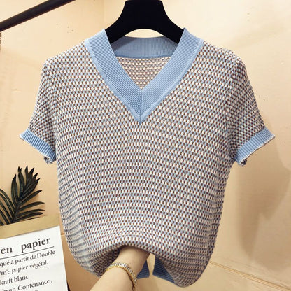 Summer Ice Silk Short-sleeved T-shirt Women's Sweater Fine Plaid V-neck Bottoming Shirt Top