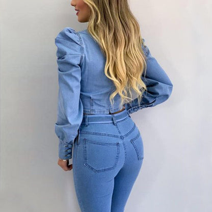 Women's Denim Long Sleeve Solid Color Short Puff Sleeves Shirt