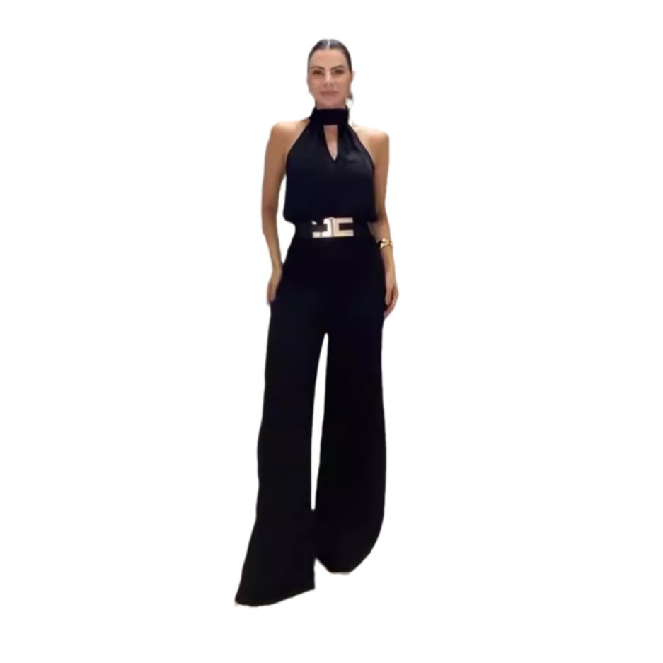 Foreign Trade Cross-border Fashion Round Neck Waist Wide Leg One-piece Trousers For Women