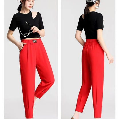 Silk And Cotton Radish Polyester Pants Mom Pants Elastic Waist With Pocket