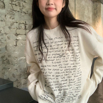 Sweet Style Shoulder Long Sleeve Letter Print T-shirt Slim Fit White Base Top