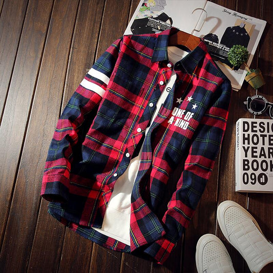 Autumn New Fashion Men's Personality Letter Plaid Slim Shirt Men's Casual Social Shirt