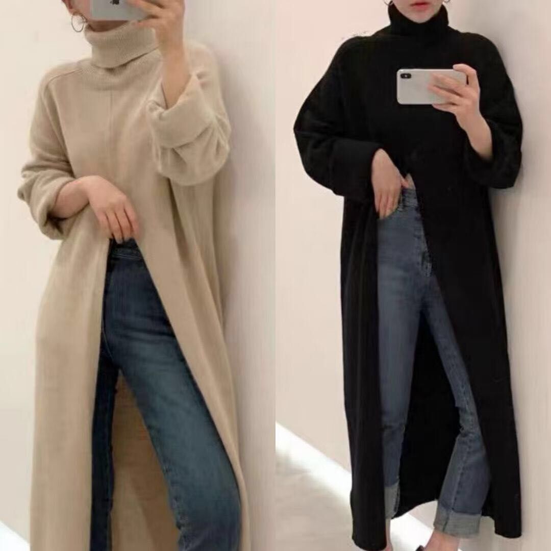 Korean Style Turtleneck Long fall female winter Sweater Dress Side split