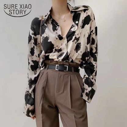 Cow Print Button Up Shirts Women Long Sleeve Blouse Korean Fashion